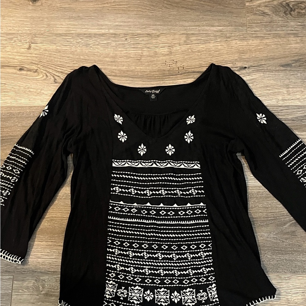 Lucky Brand Black Tunic with White Geometric Embroidery